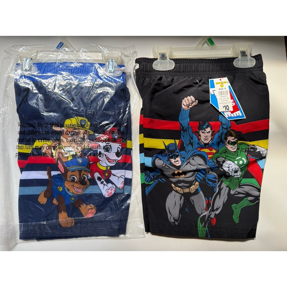 Lot Of 2 Boys Swim Trunks Size 4T Justice League Paw Patrol Drawstring UV New